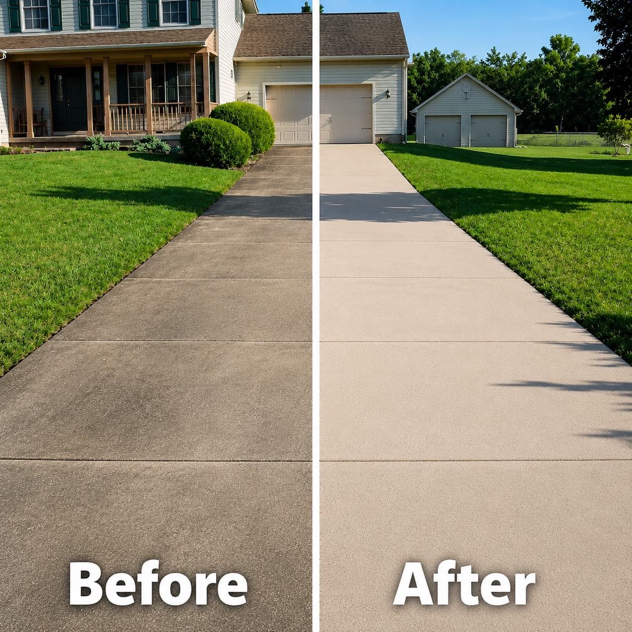 Residential driveway before and after pressure washing by StarBro's Services